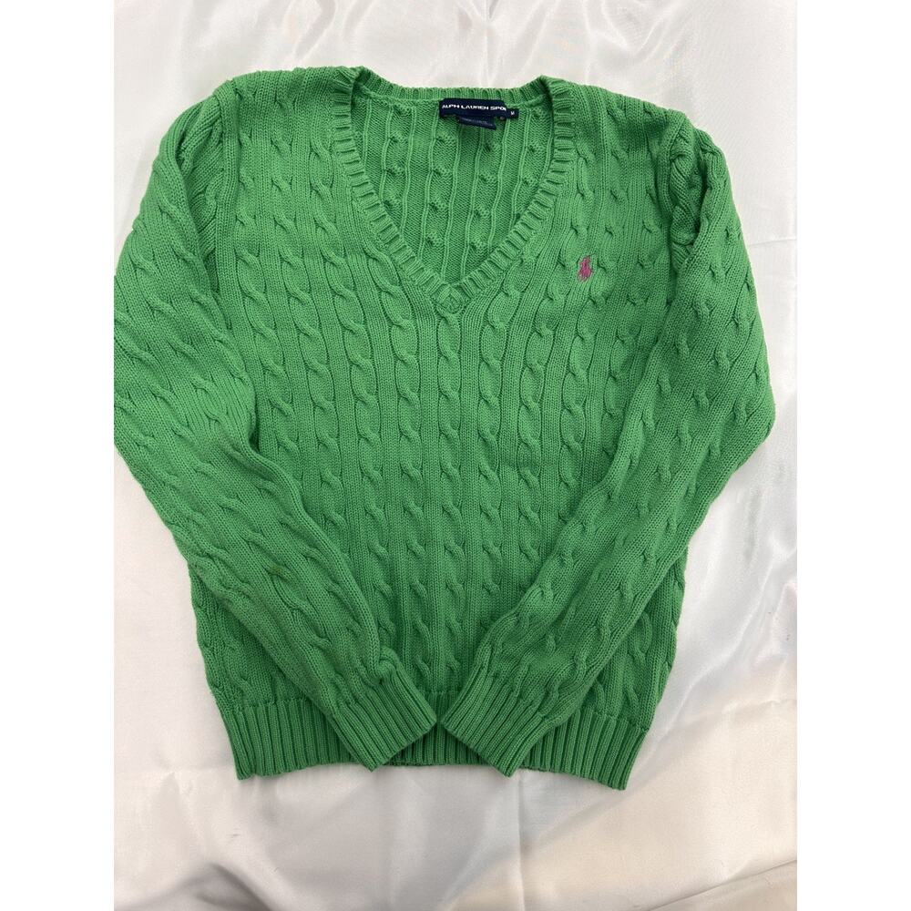 Ralph Lauren Sport Sweater Womens Med Green Pink Pony V-Neck Cable Knit Pullover